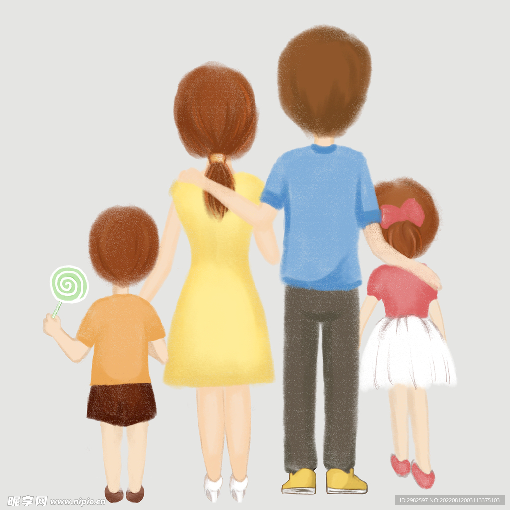 手绘插画一家四口人物全身背影