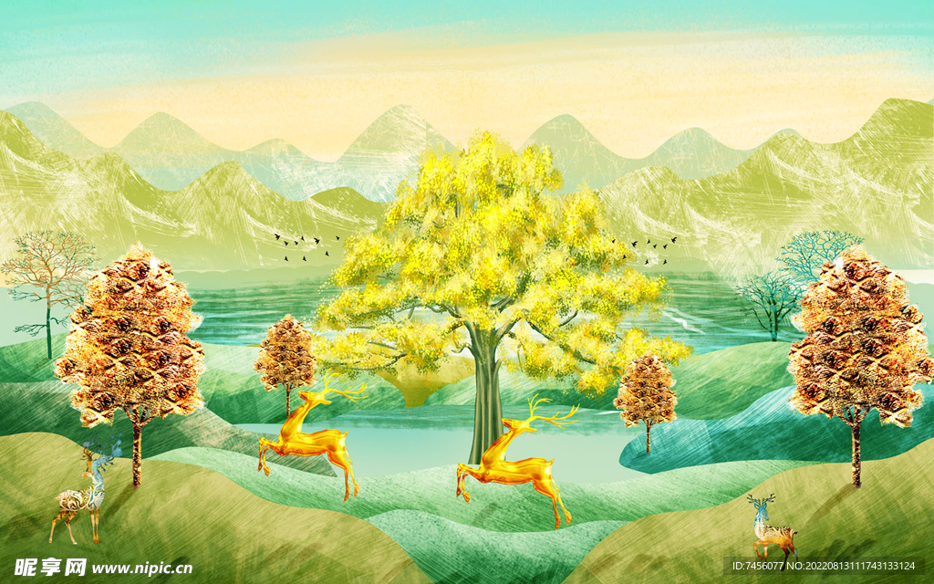 水彩发财树麋鹿背景墙