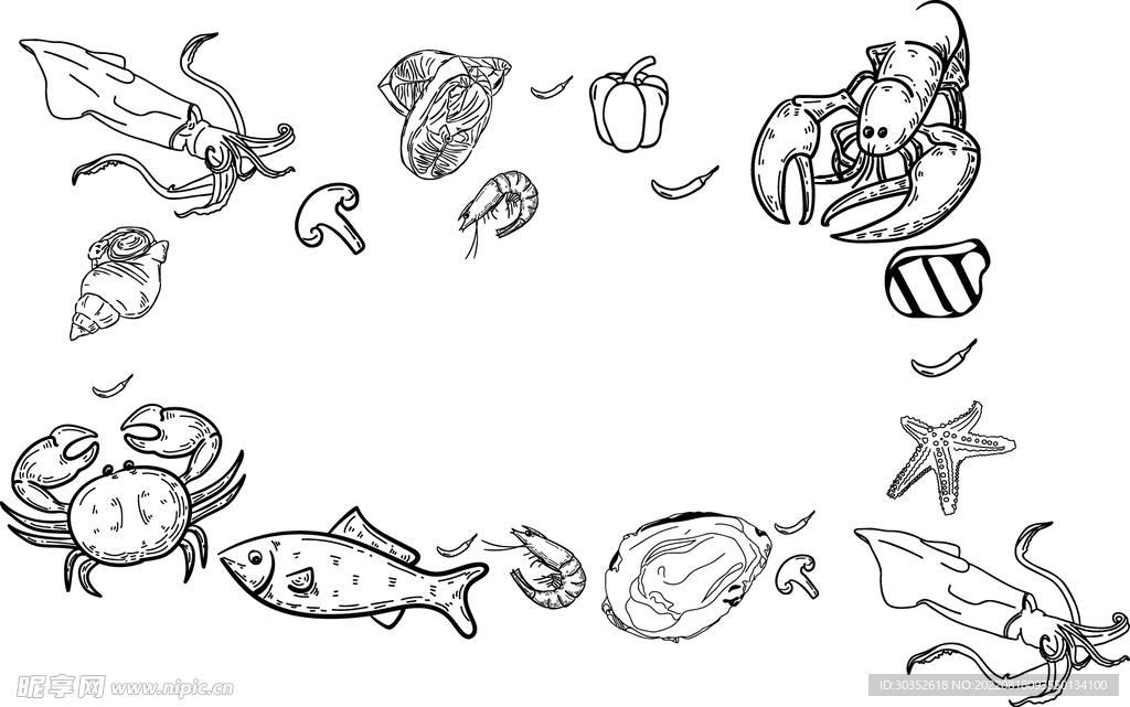 海鲜鱼类虾类海星矢量图