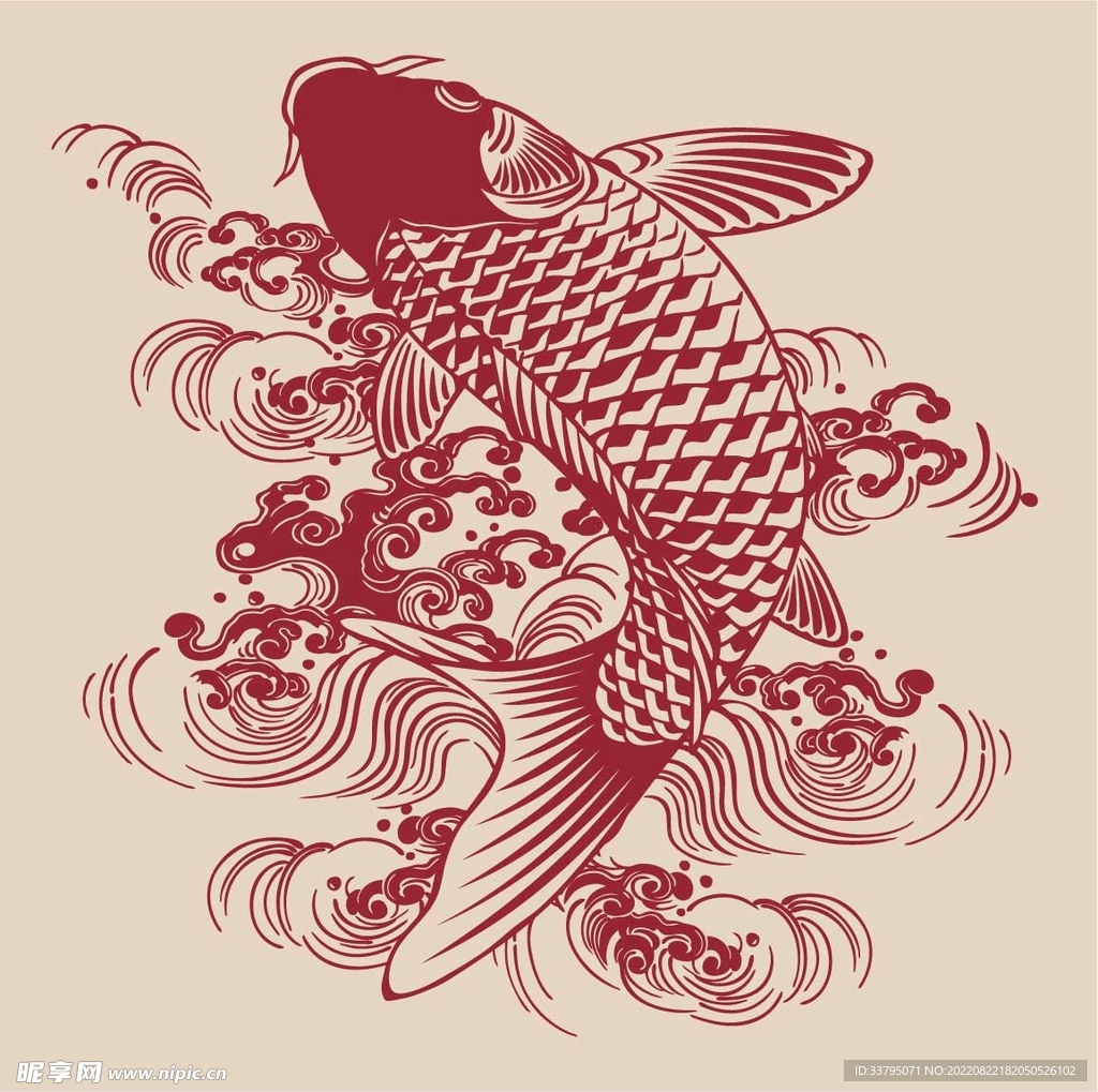 鲤鱼锦鲤矢量图案中国风插画