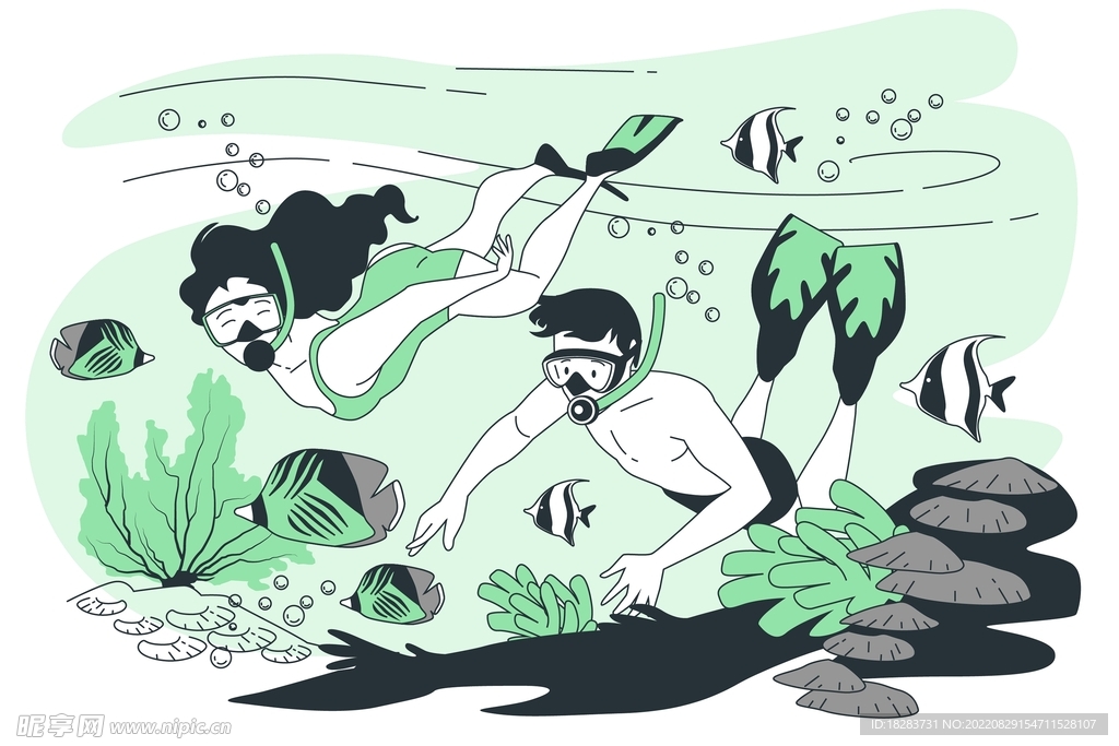 绿色卡通潜水抓鱼素材