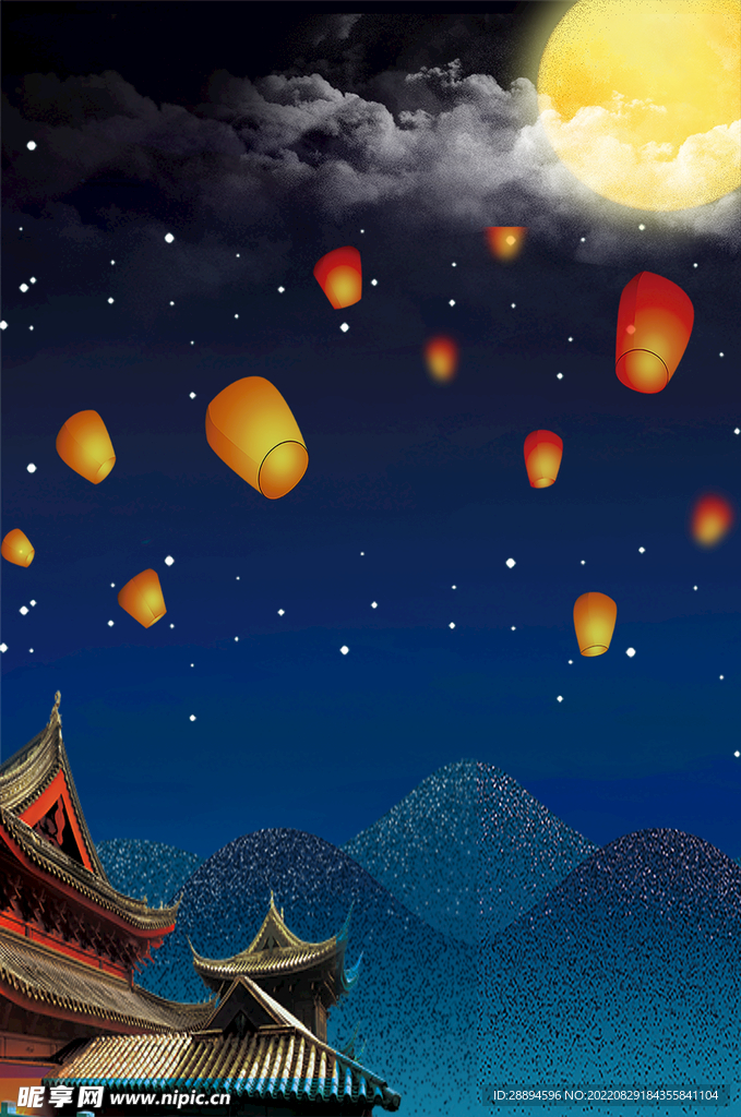 中秋节月圆孔明灯背景