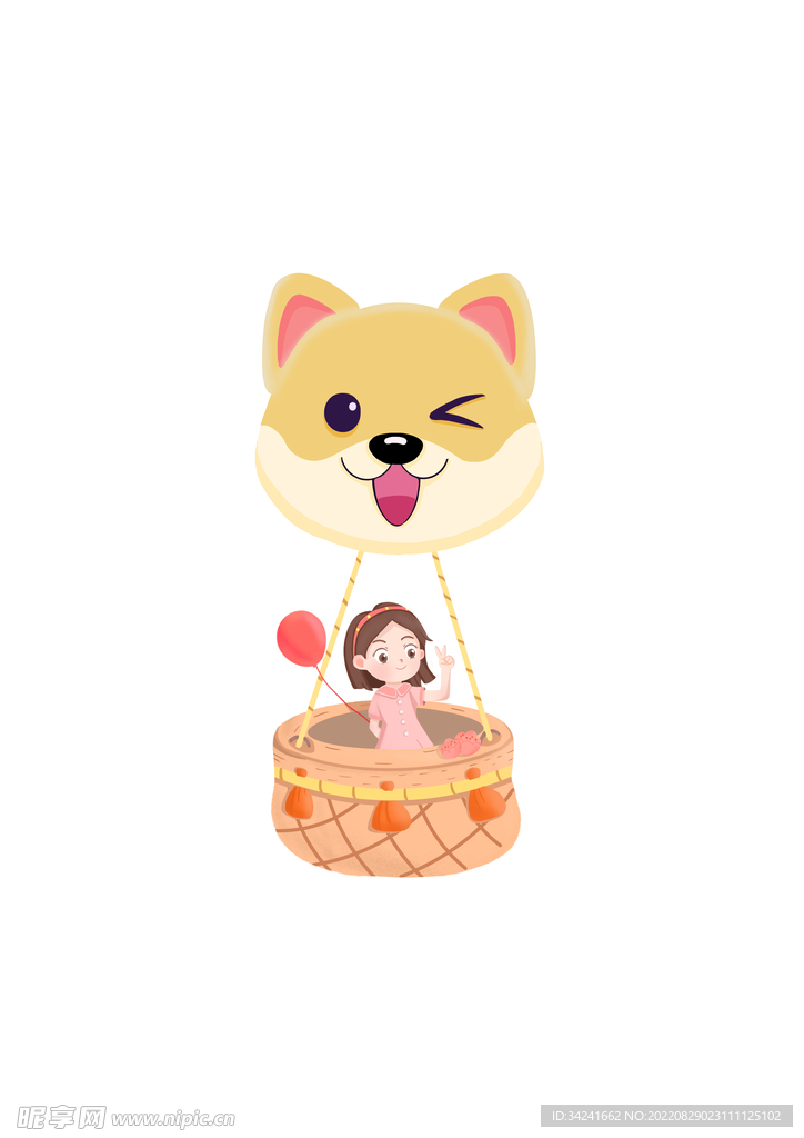 创意狗狗热气球小女孩插画