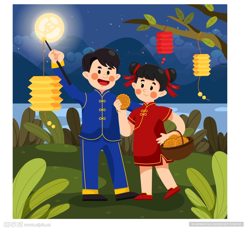 ai矢量中秋赏月人物