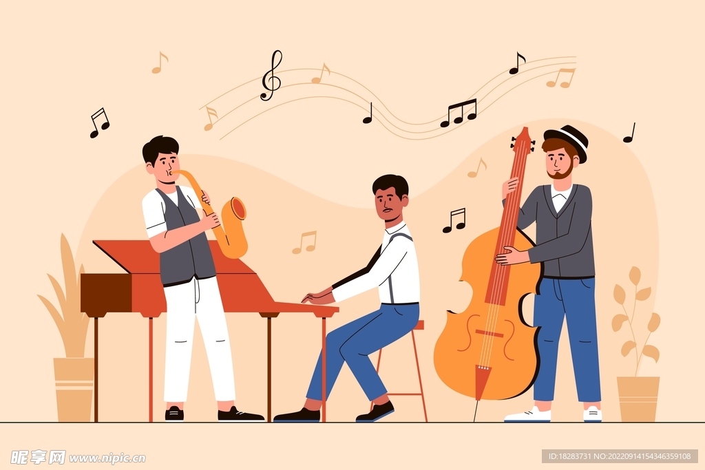 卡通爵士音乐演奏表演场景素材