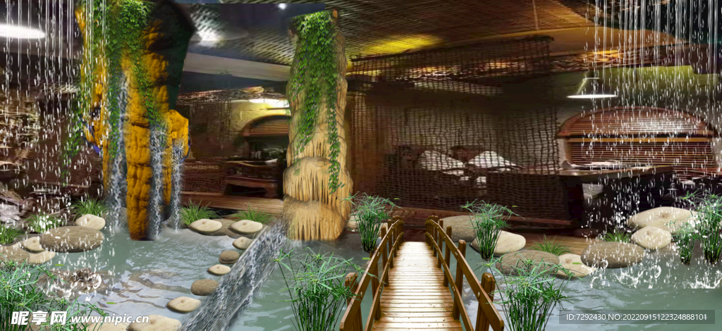 钟乳石水池木桥雨滴鹅卵石水竹