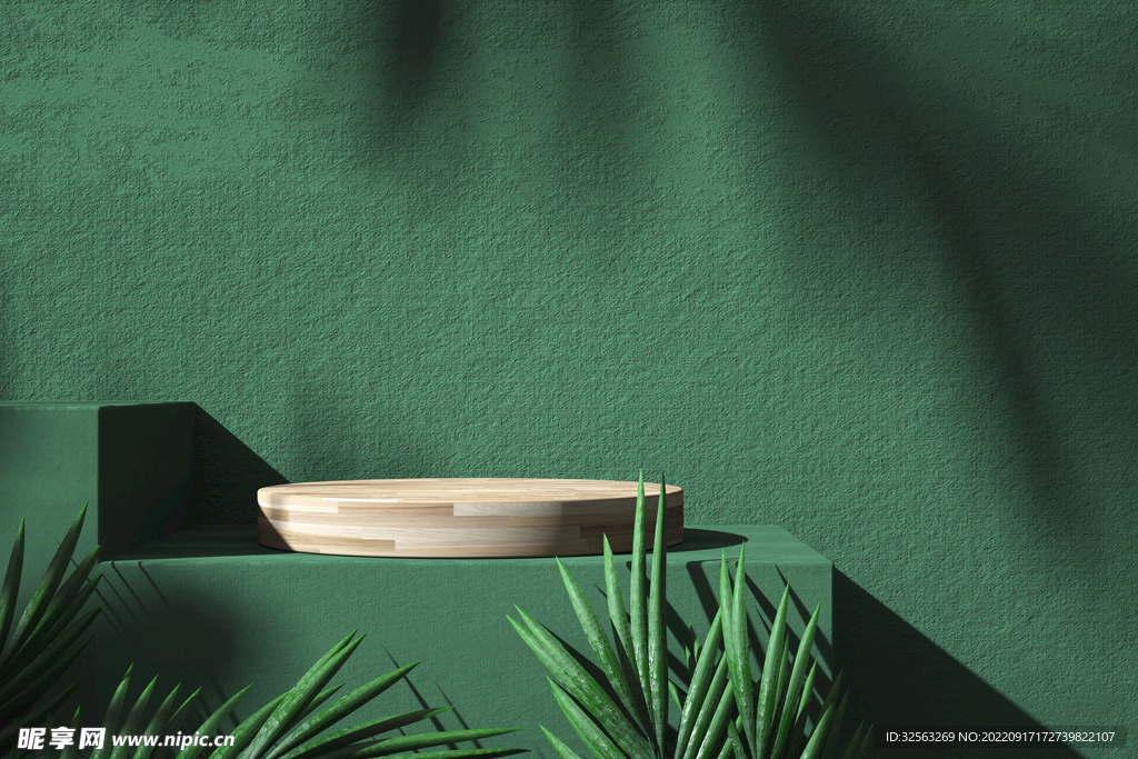 极简绿色植物展台背景