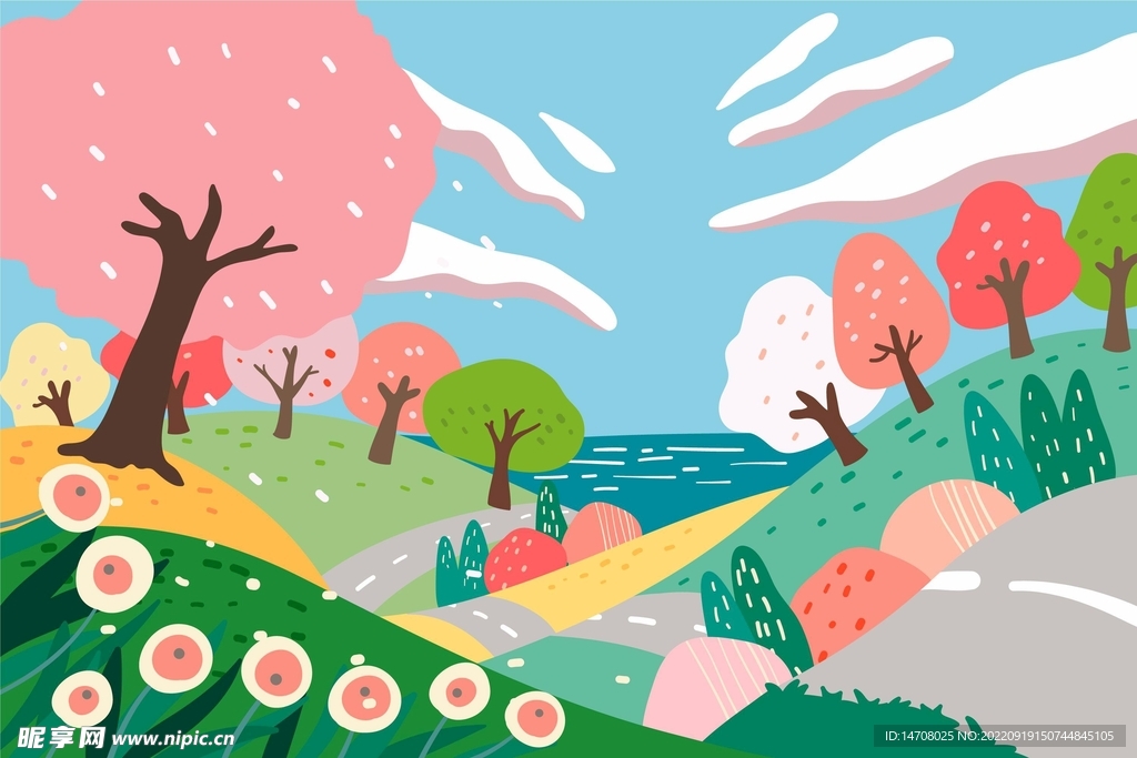 春天花草山坡插画手绘