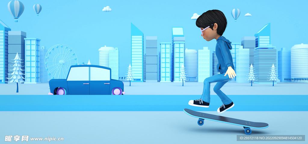 3d城市场景c4d卡通滑板人物