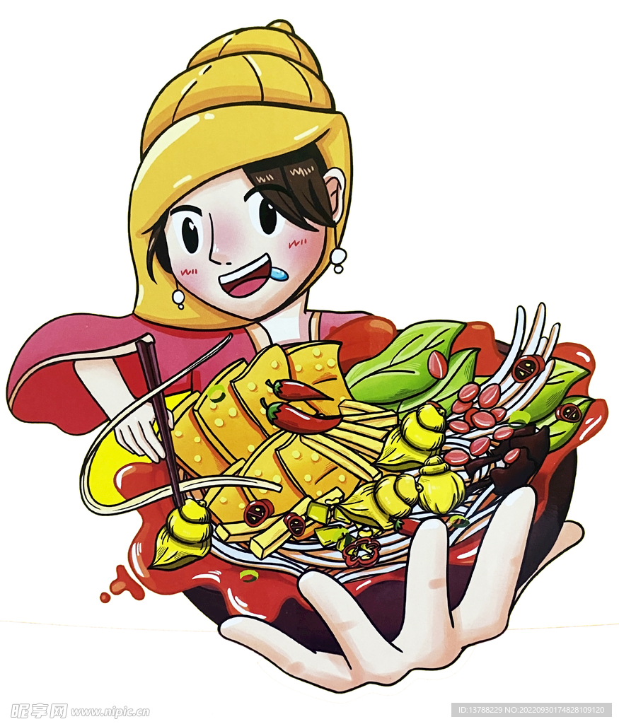 卡通美女手捧螺蛳粉