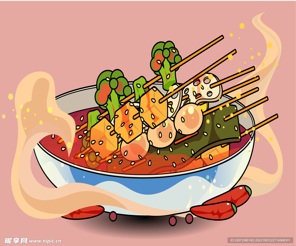 手绘矢量图卡通水煮串串小吃美食