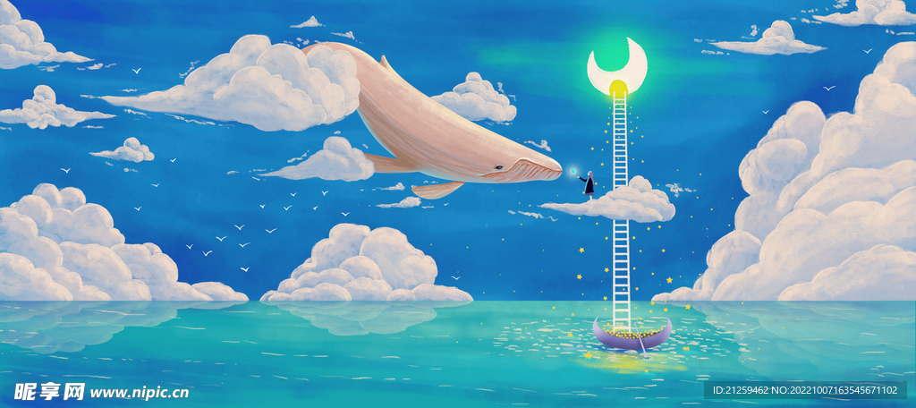 海深时见鲸治愈系插画