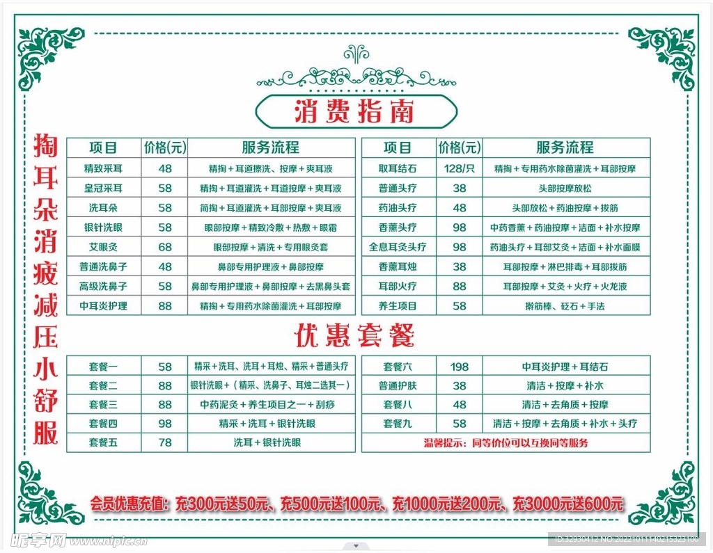 按摩护理价格表