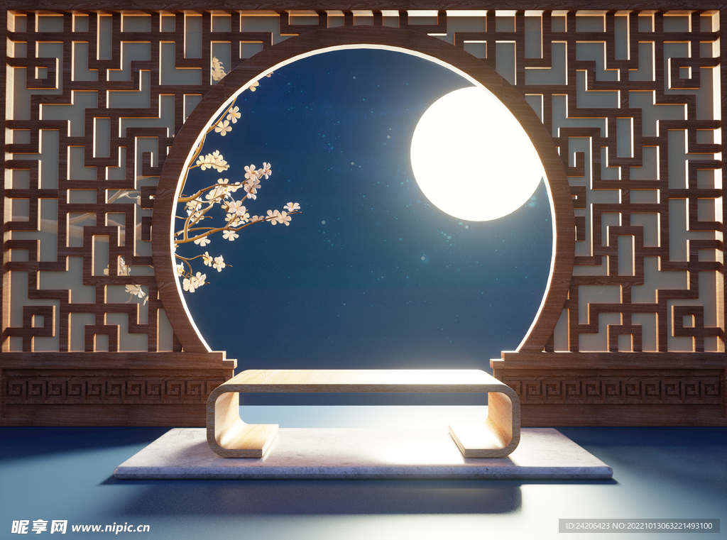 中秋展台古风背景月亮复古屏风