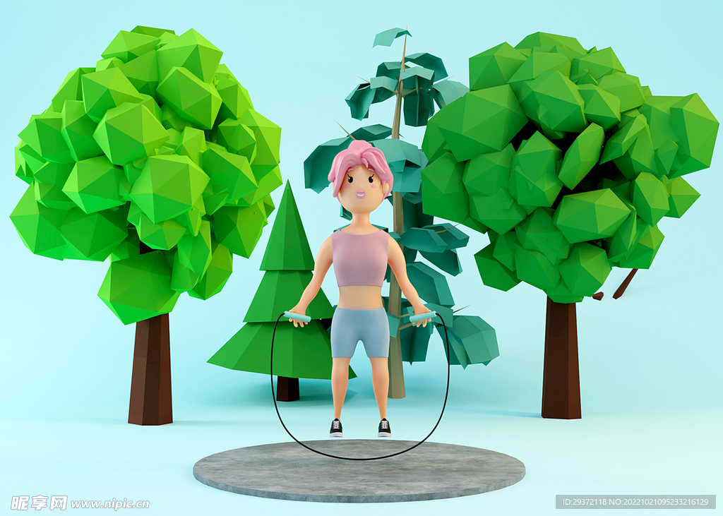 卡通园林健身跳绳女孩IP形象