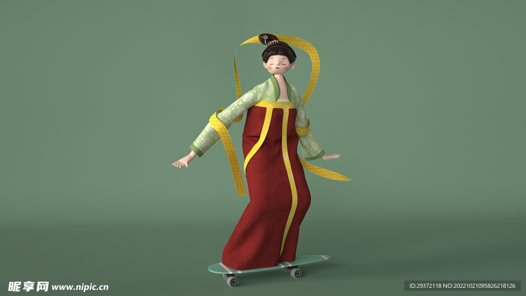 个性定制古典中式风格仕女玩滑板