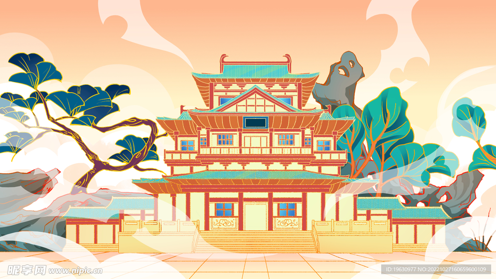 国潮古建筑插画
