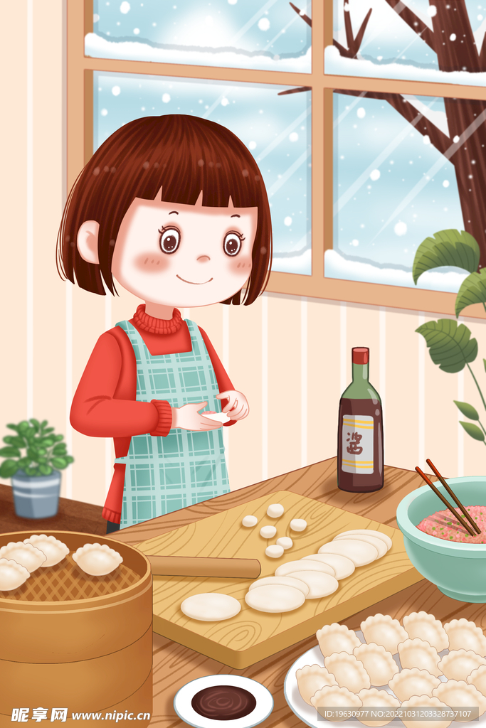 在家包饺子的女孩