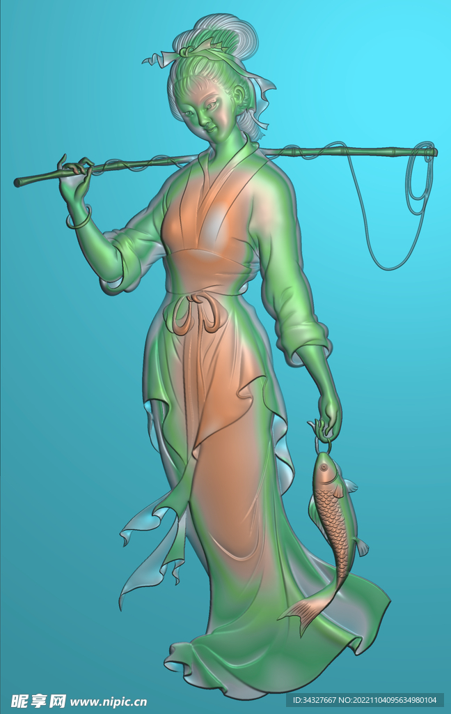 钓鱼女孩浮雕图