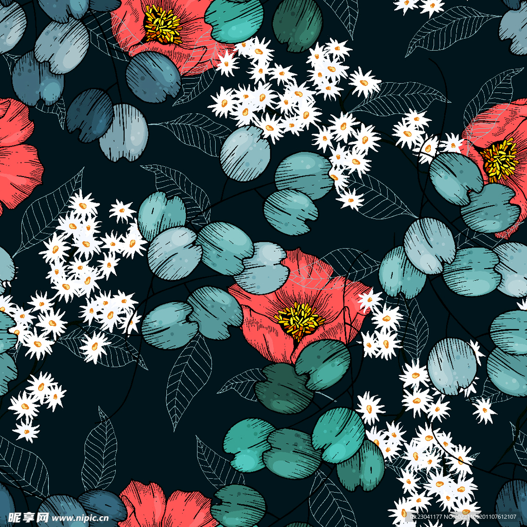 手绘树叶花朵花卉牡丹玫瑰