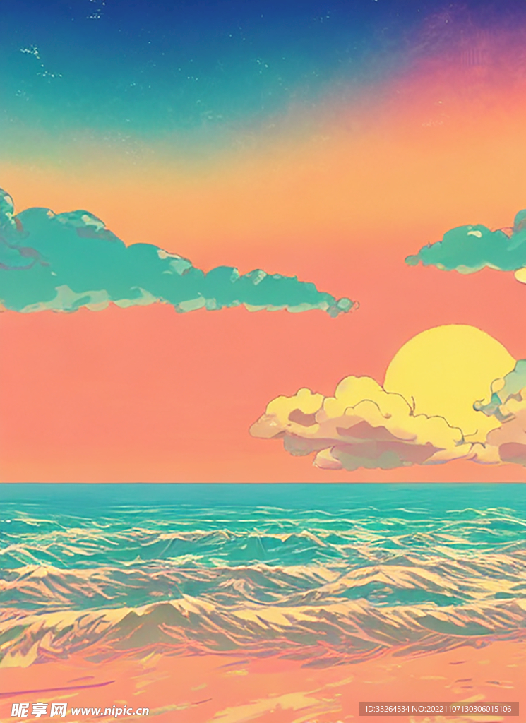 蒸汽波风格沙滩