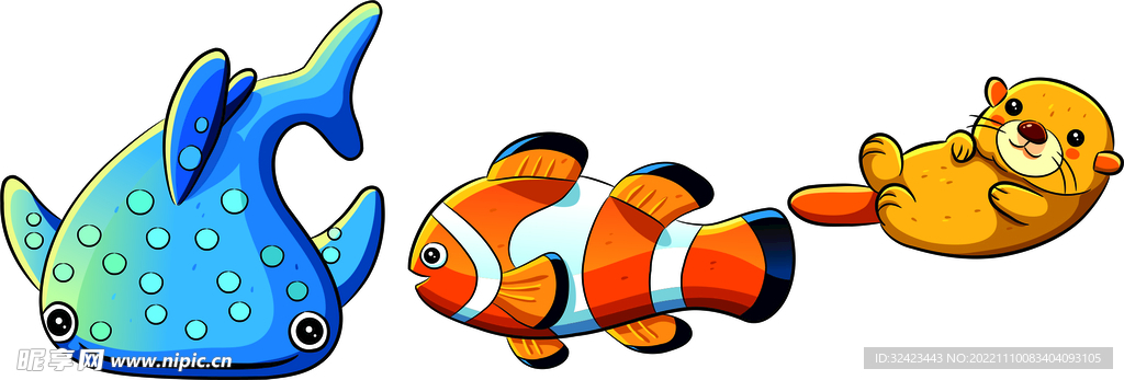 卡通小丑鱼小海豹鲸鱼
