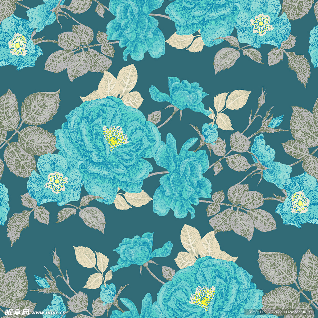 手绘玫瑰牡丹花树叶