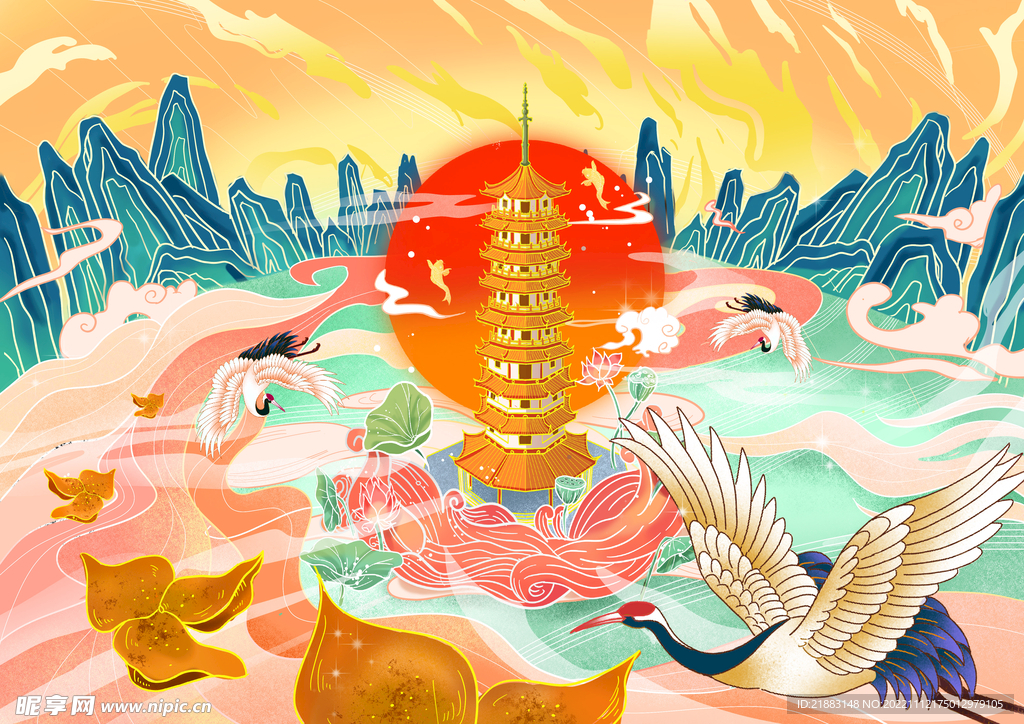 广东风景中国风手绘插画