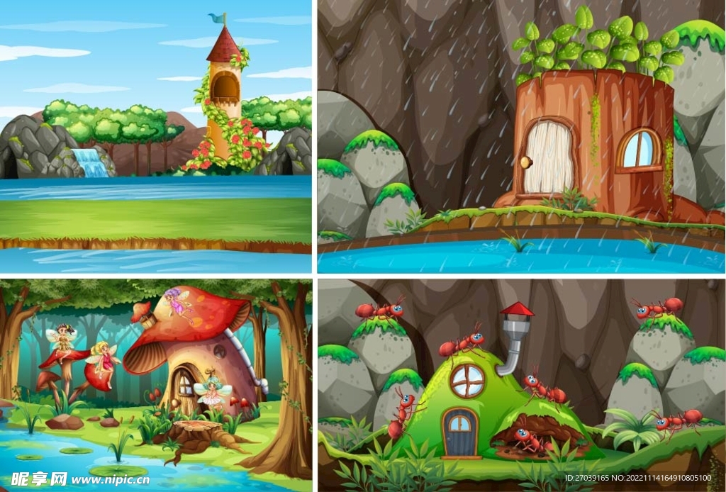 四幅卡通场景