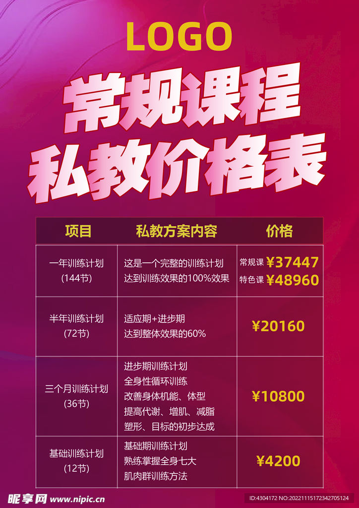 健身私教价格表