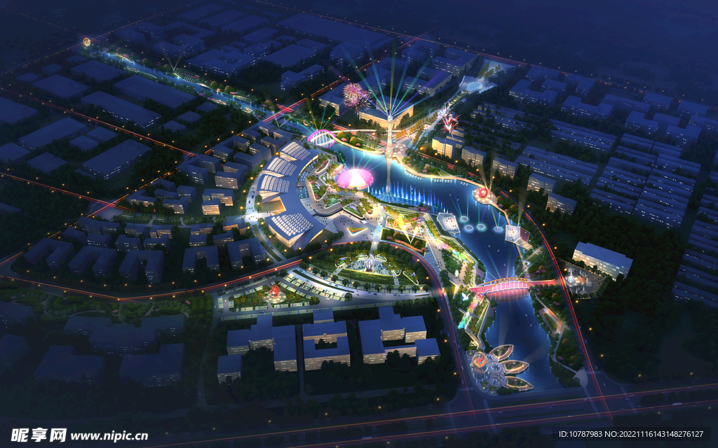 小镇规划夜景鸟瞰图