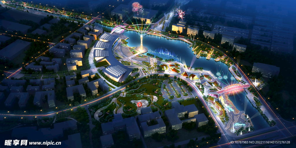 小镇规划夜景鸟瞰图