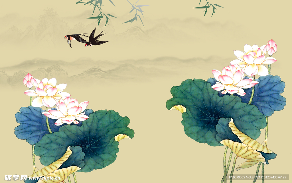 水墨山水简约花鸟背景客厅装饰画