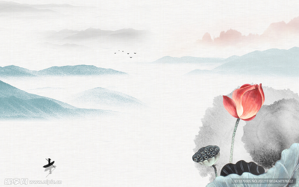 水墨山水简约花鸟背景客厅装饰画