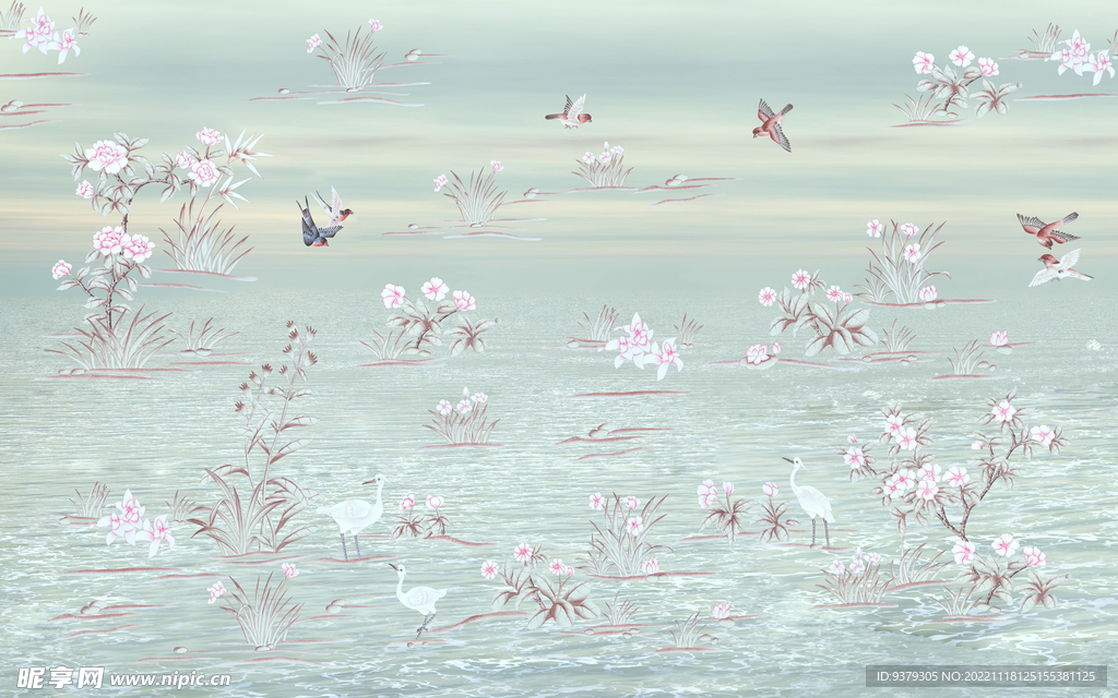 水墨山水简约花鸟背景客厅装饰画