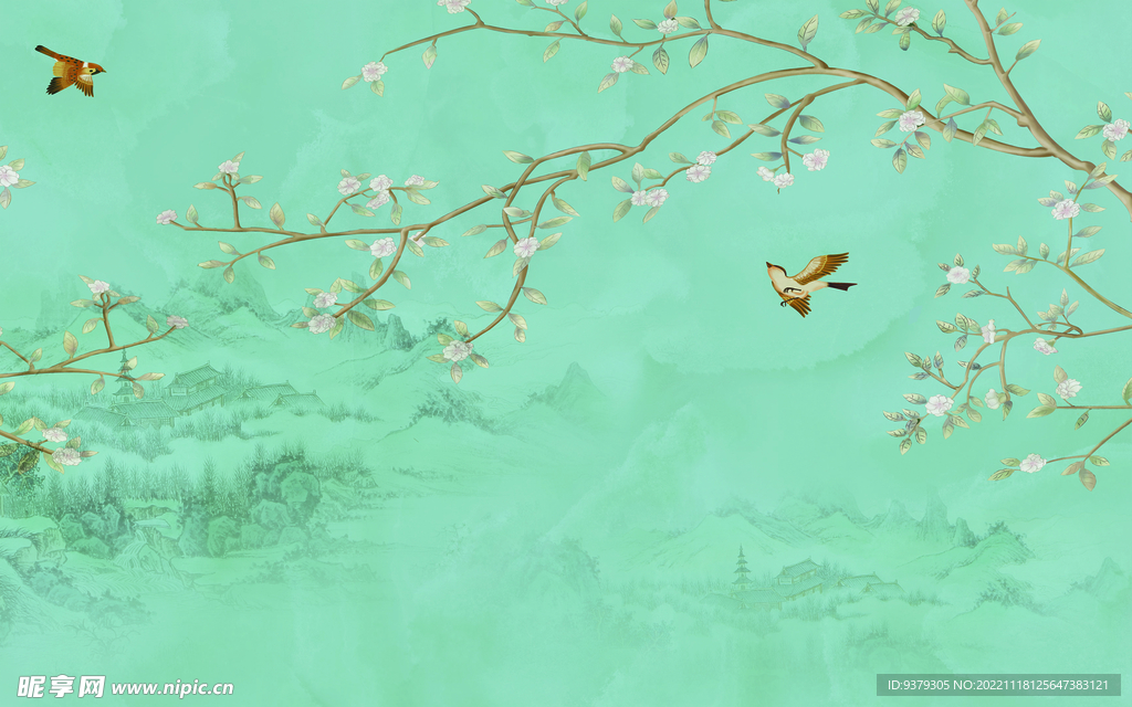 水墨山水简约花鸟背景客厅装饰画