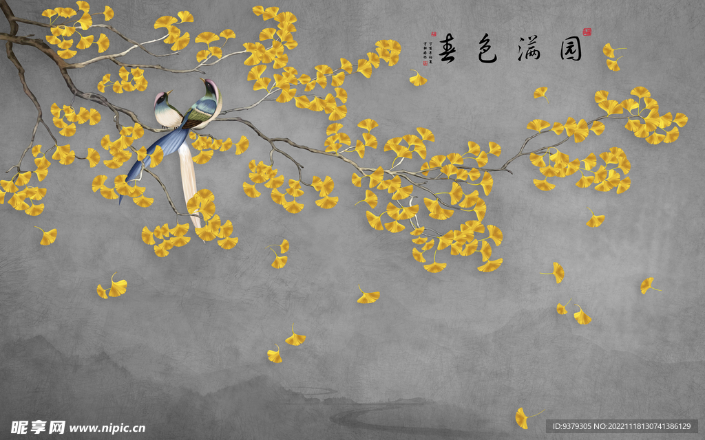 水墨山水简约花鸟背景客厅装饰画