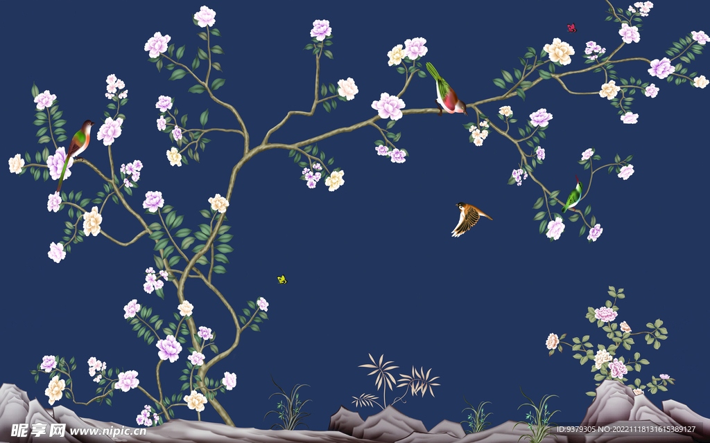 水墨山水简约花鸟背景客厅装饰画