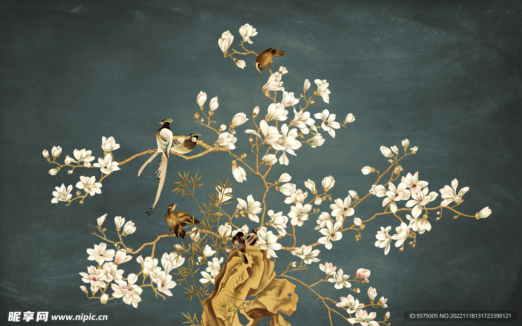 水墨山水简约花鸟背景客厅装饰画