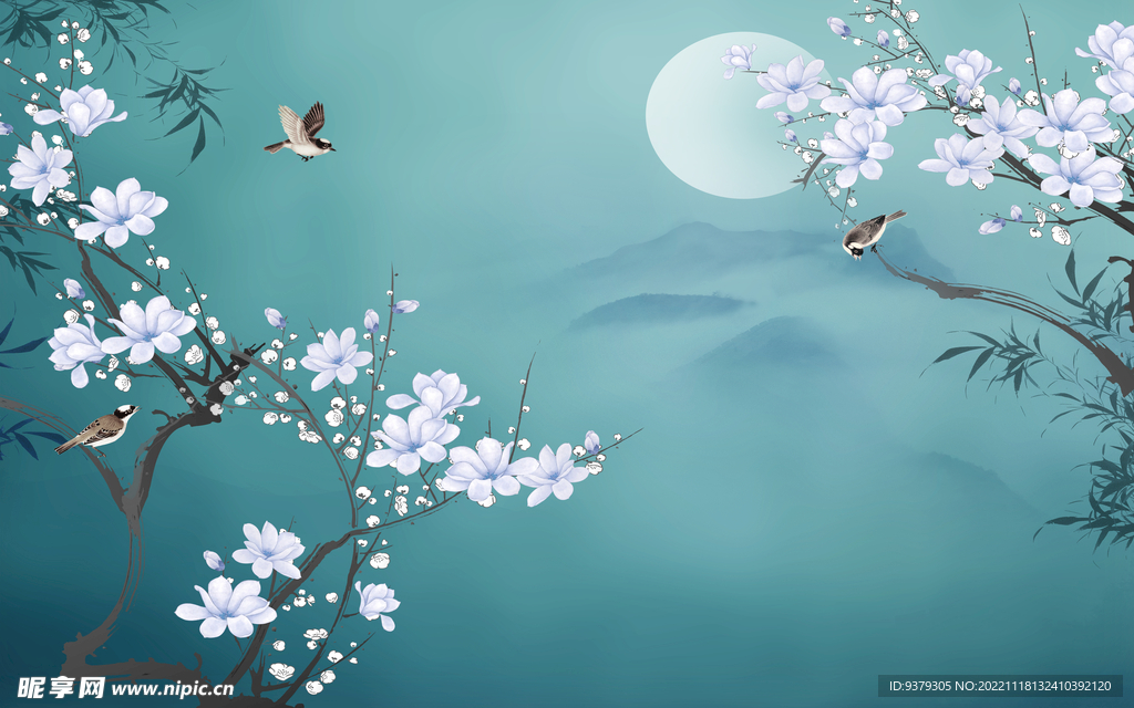 水墨山水简约花鸟背景客厅装饰画