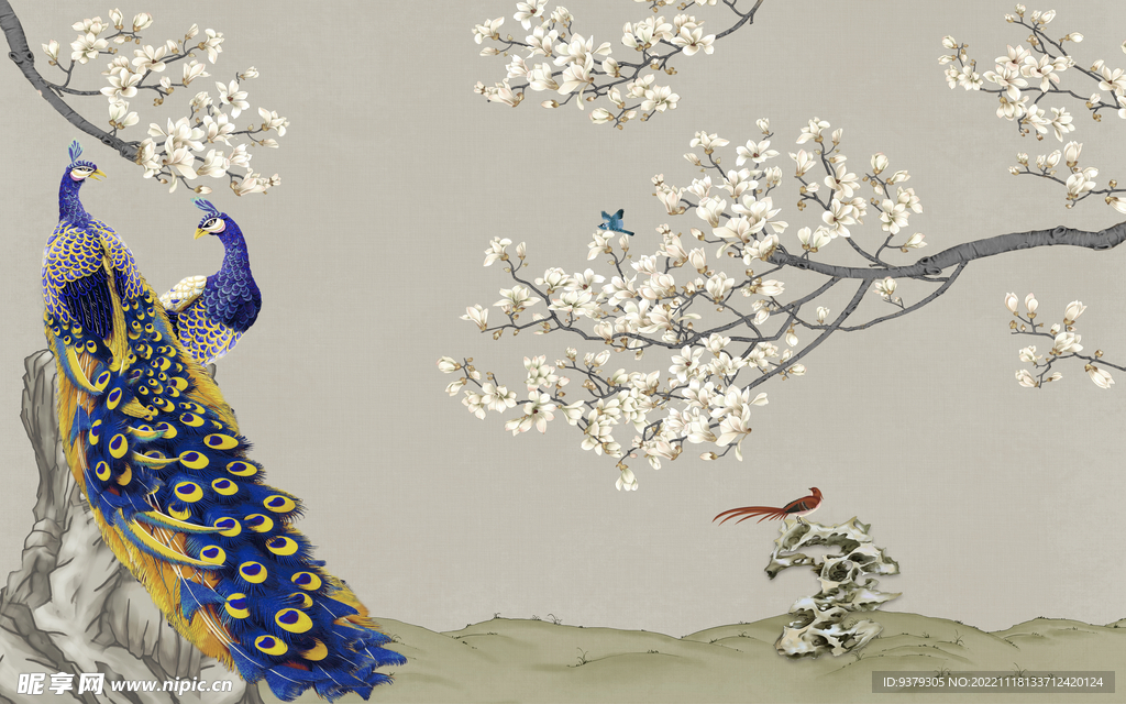 水墨山水简约花鸟背景客厅装饰画