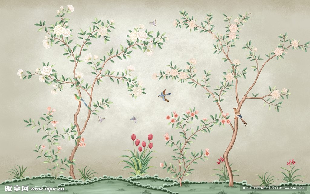 水墨山水简约花鸟背景客厅装饰画