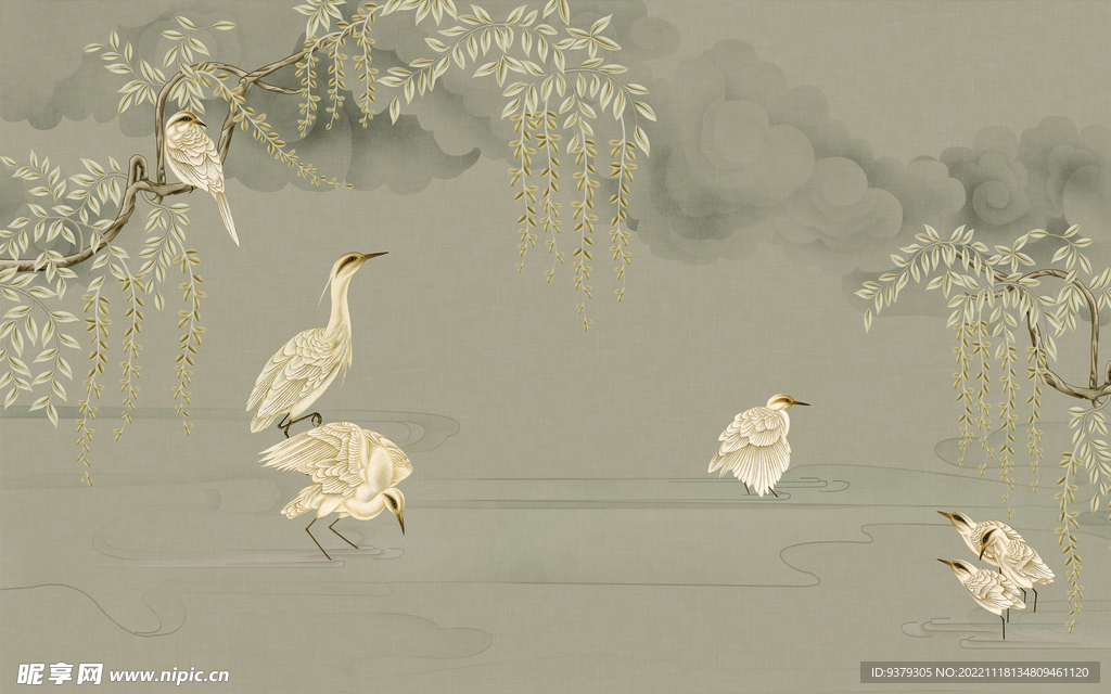 水墨山水简约花鸟背景客厅装饰画