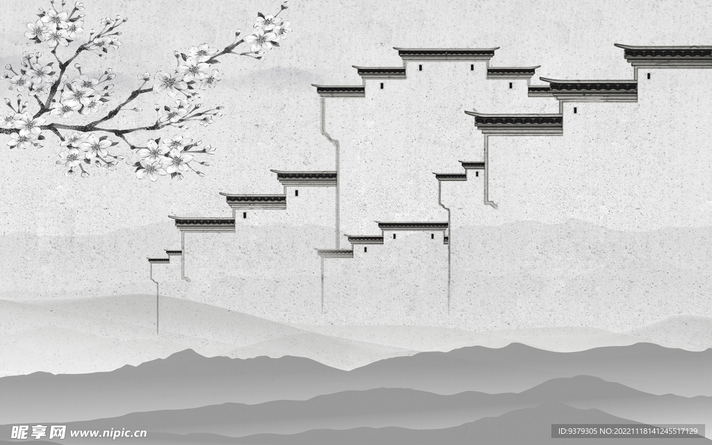 水墨山水简约花鸟背景客厅装饰画