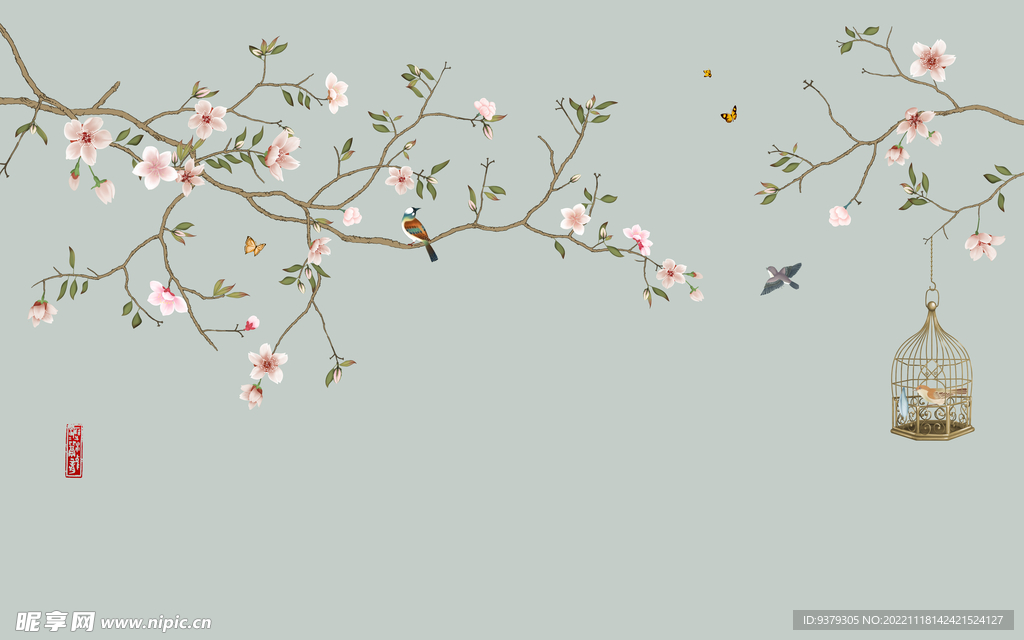 水墨山水简约花鸟背景客厅装饰画