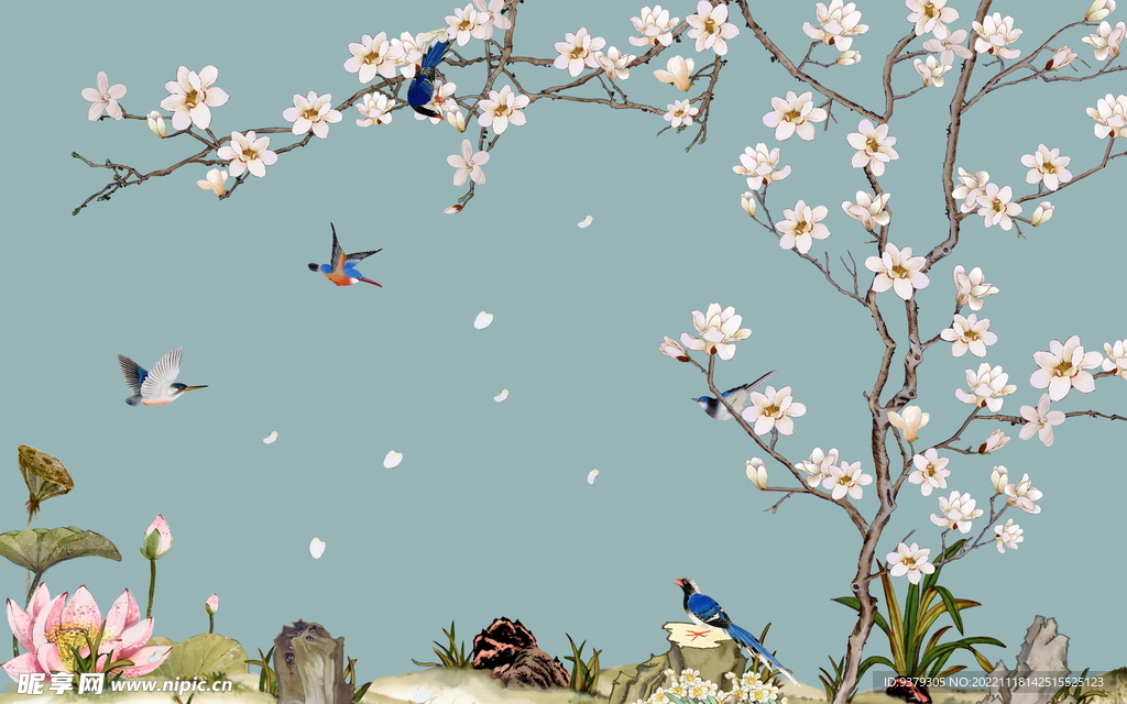 水墨山水简约花鸟背景客厅装饰画