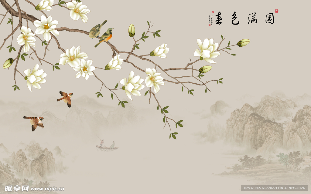 水墨山水简约花鸟背景客厅装饰画