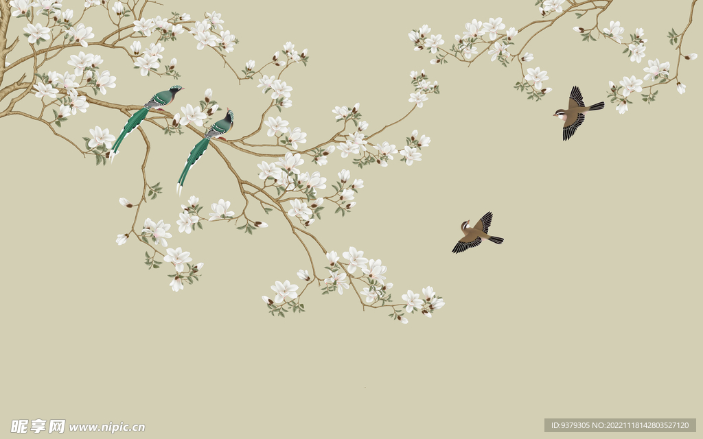 水墨山水简约花鸟背景客厅装饰画