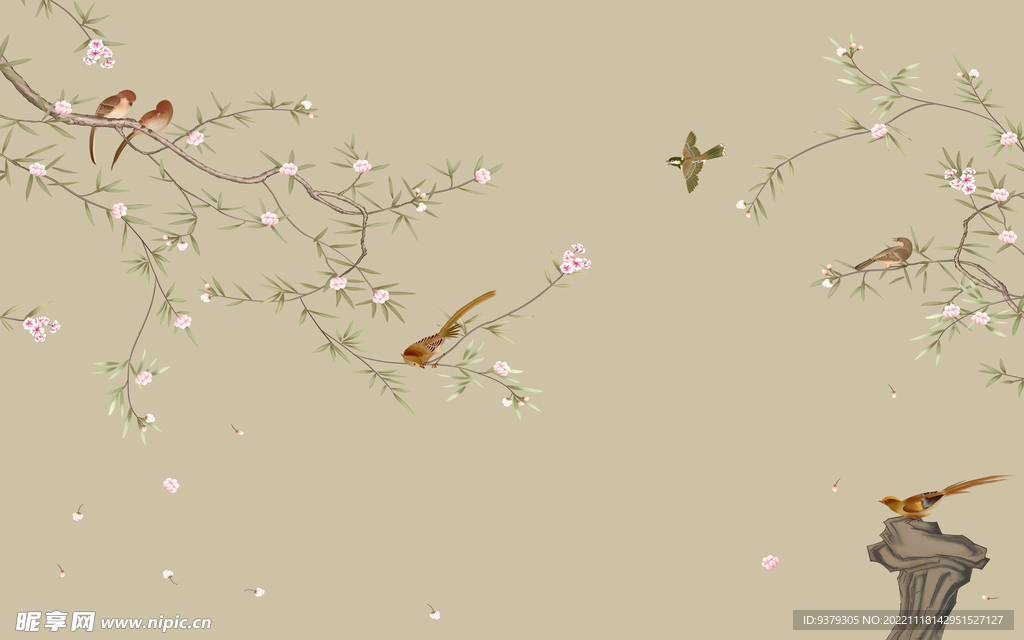 水墨山水简约花鸟背景客厅装饰画