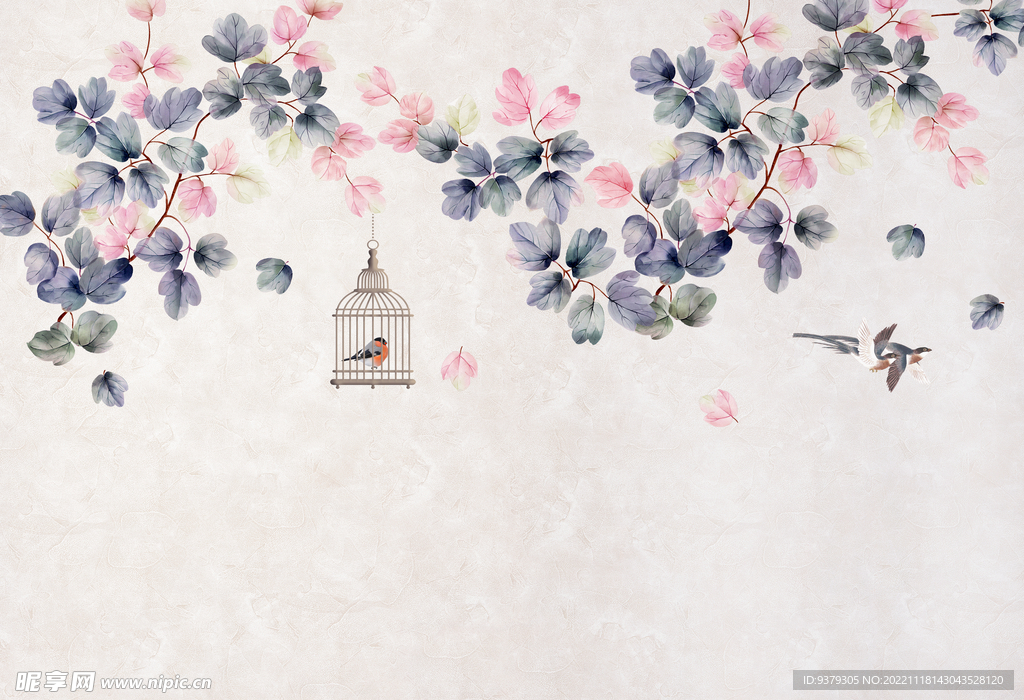 水墨山水简约花鸟背景客厅装饰画